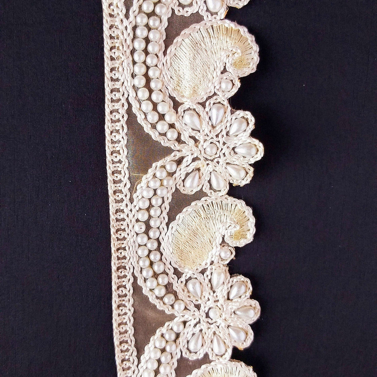Gold Sheer Fabric Trim Beige Floral Embroidery And Off White Pearl, Scallops Wedding Trim, Bridal Trim