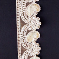 Thumbnail for Gold Sheer Fabric Trim Beige Floral Embroidery And Off White Pearl, Scallops Wedding Trim, Bridal Trim