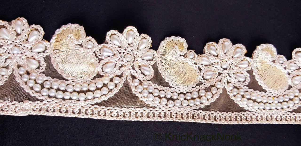 Gold Sheer Fabric Trim Beige Floral Embroidery And Off White Pearl, Scallops Wedding Trim, Bridal Trim