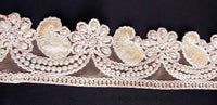 Thumbnail for Gold Sheer Fabric Trim Beige Floral Embroidery And Off White Pearl, Scallops Wedding Trim, Bridal Trim