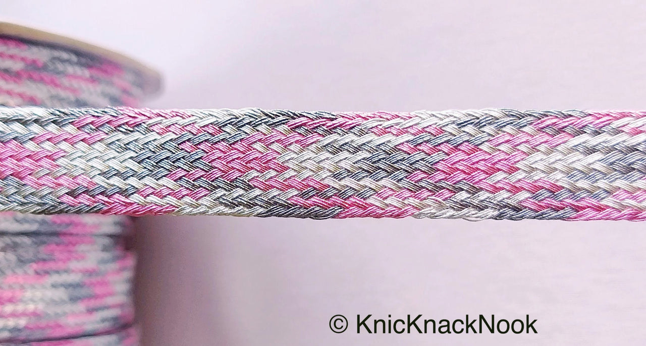 Pink / Silver / Light Pink And Grey Thread Lace Trim, Basket Weave, Friendship Bracelet