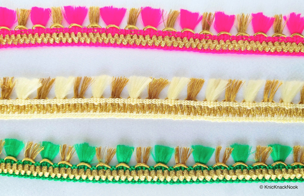 Wholesale Beige / Green / Fuchsia Pink And Gold Tassels Trim Lace, Fringe Trim, Bohemian Trim