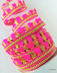 Thumbnail for Wholesale Beige / Green / Fuchsia Pink And Gold Tassels Trim Lace, Fringe Trim, Bohemian Trim