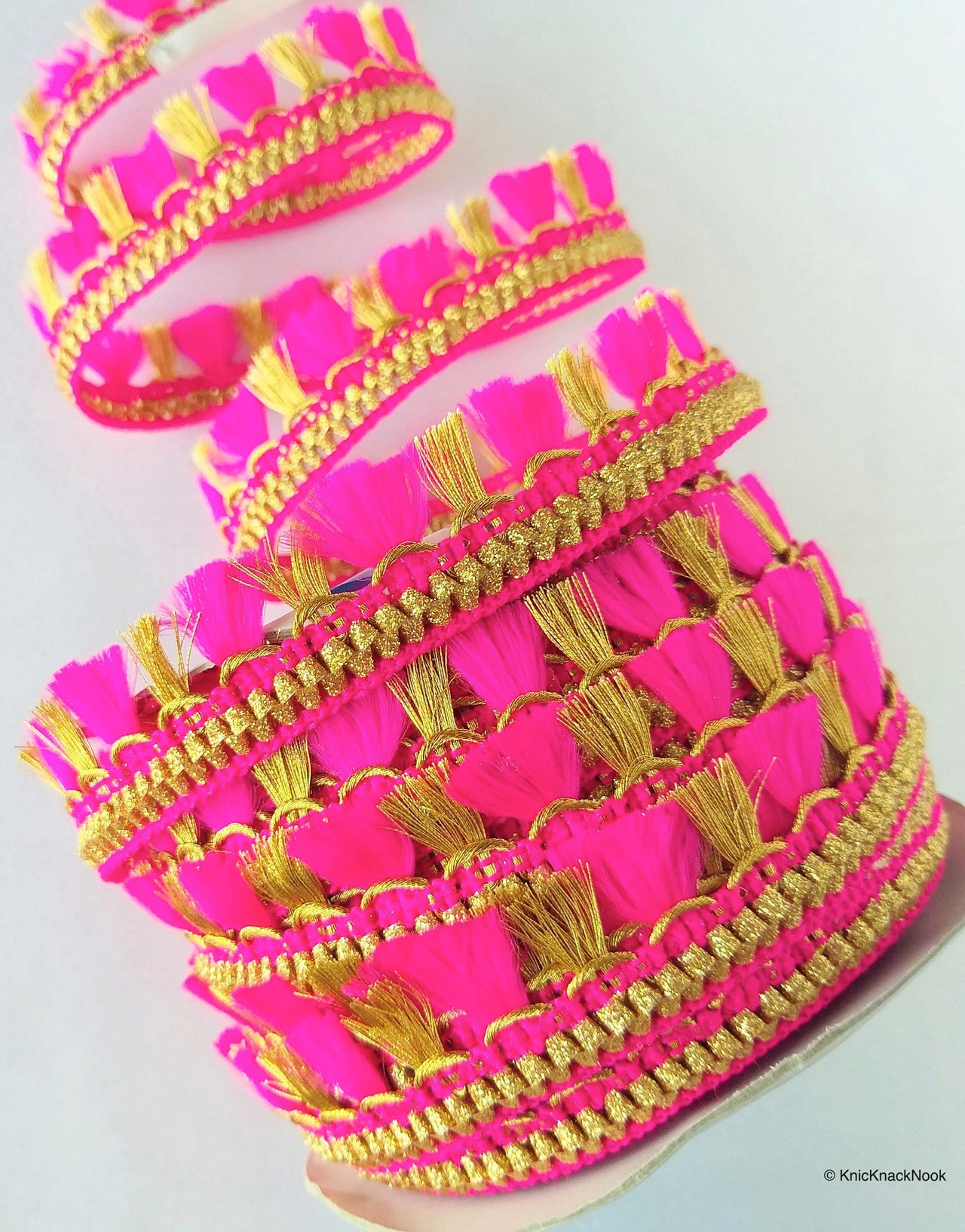 Beige / Green / Fuchsia Pink And Gold Tassels Trim Lace, Fringe Trim, Bohemian Trim
