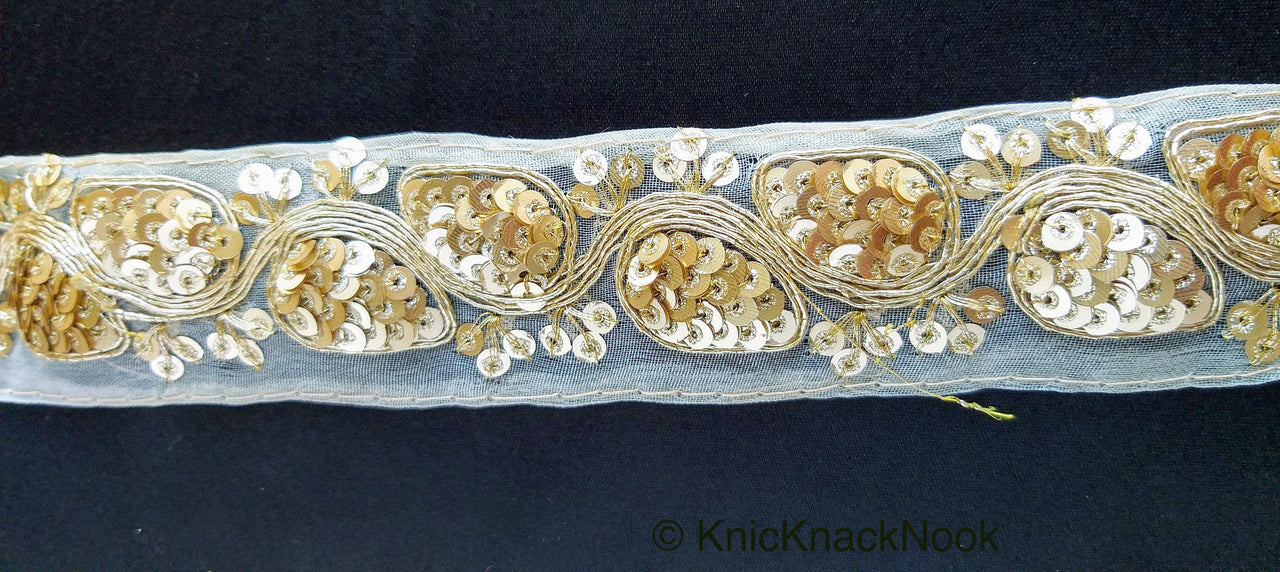 Light Beige Art Silk Fabric Trim With Gold Embroidery and Gold Sequins, Approx. 41mm Wide - 210119L171