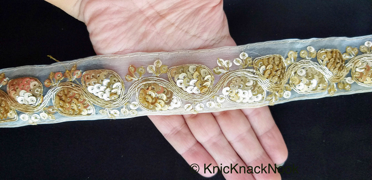 Light Beige Art Silk Fabric Trim With Gold Embroidery and Gold Sequins, Approx. 41mm Wide - 210119L171