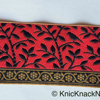 Thumbnail for Grey / Red, Black And Gold Embroidered FloralTrim With Leaves, Approx. 56mm wide - 210119L37/38