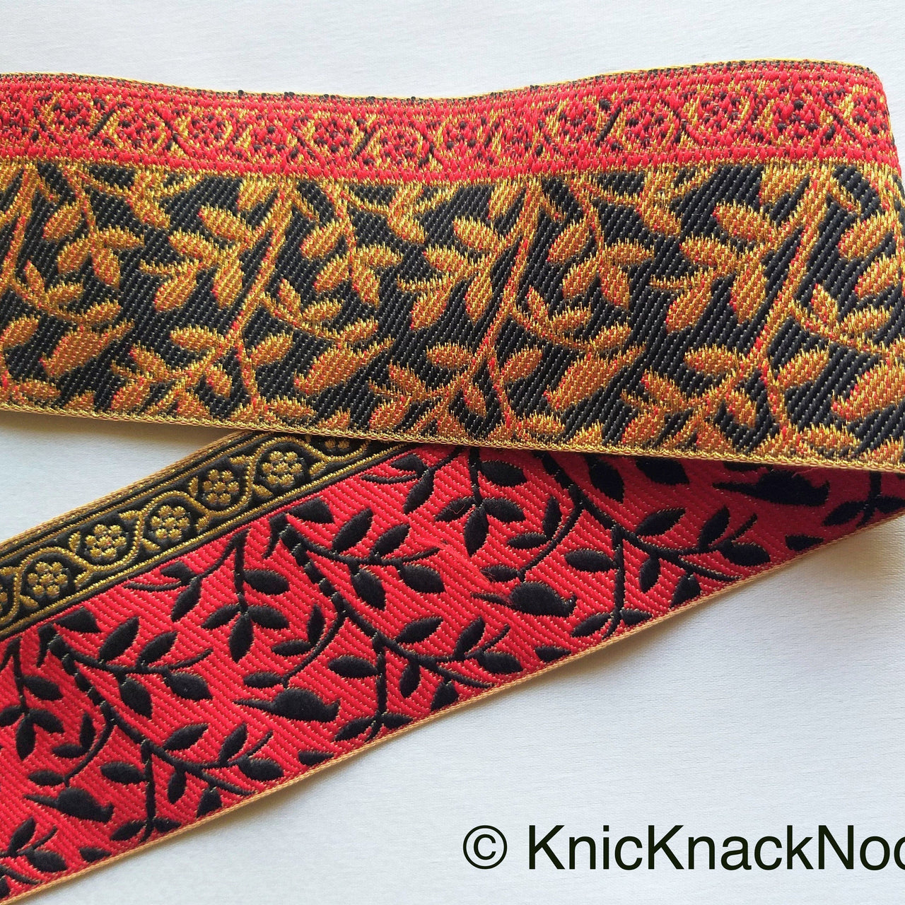 Grey / Red, Black And Gold Embroidered FloralTrim With Leaves, Approx. 56mm wide - 210119L37/38