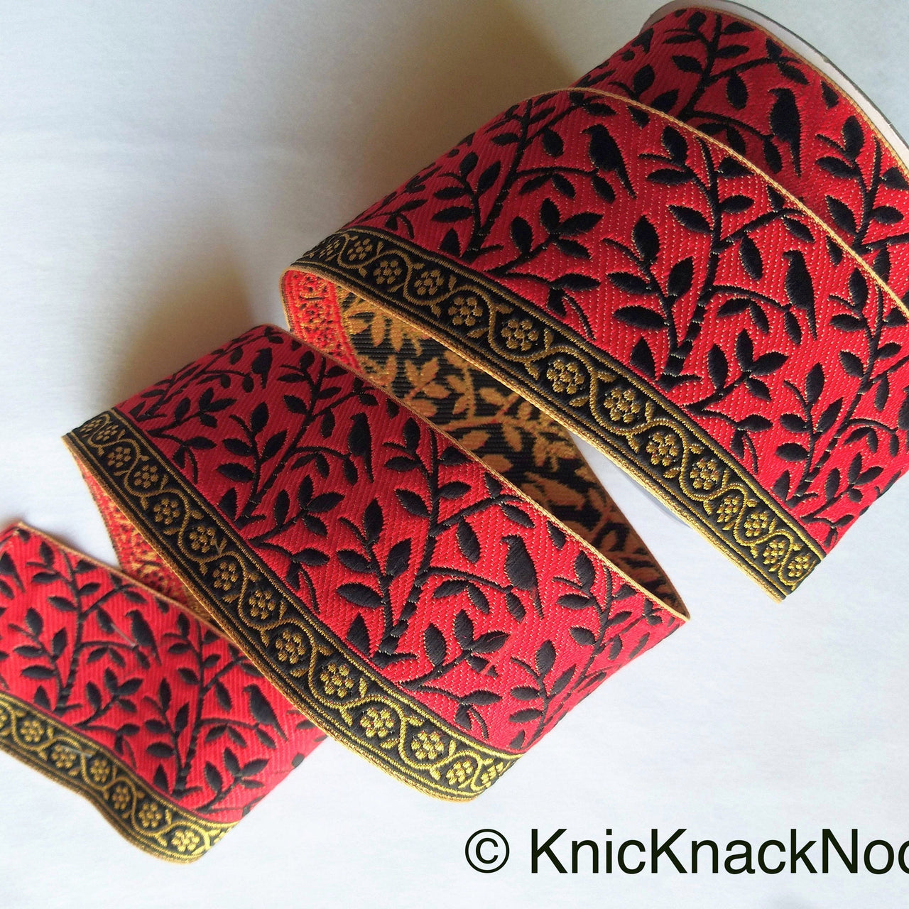 Grey / Red, Black And Gold Embroidered FloralTrim With Leaves, Approx. 56mm wide - 210119L37/38