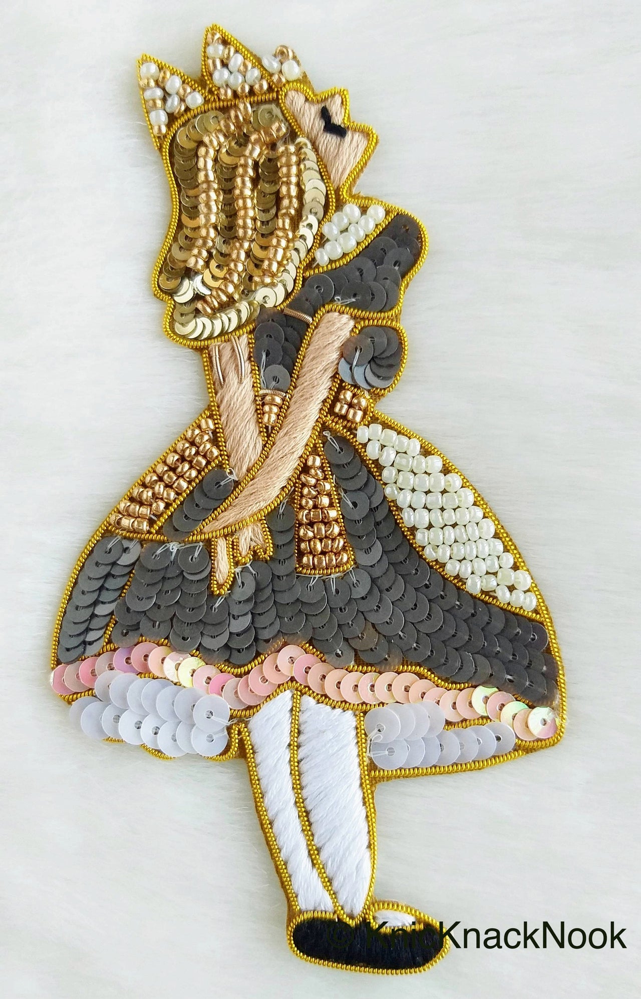Embroidered Alice In Wonderland Applique With Gold And White Beads, Sequins In Gold, White & Grey / Red / Glitter Gold / Yellow - 210119L243