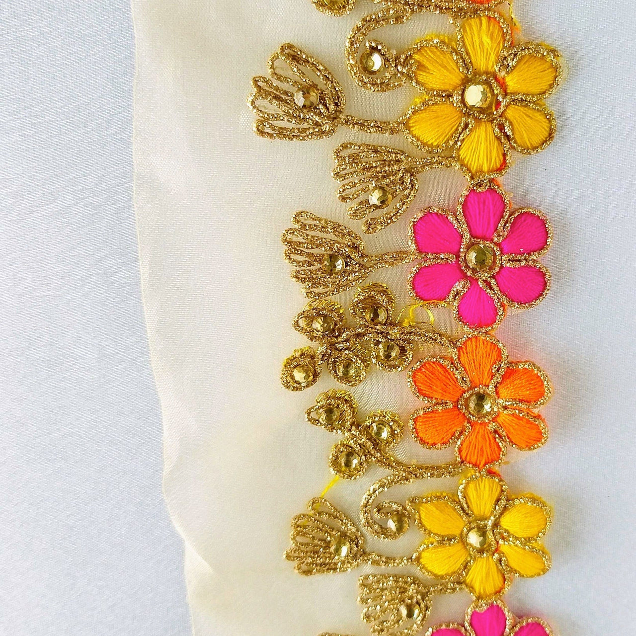 Gold Sheer Tissue Fabric Trim With Embroidered Pink, Yellow, Orange & Gold Flowers