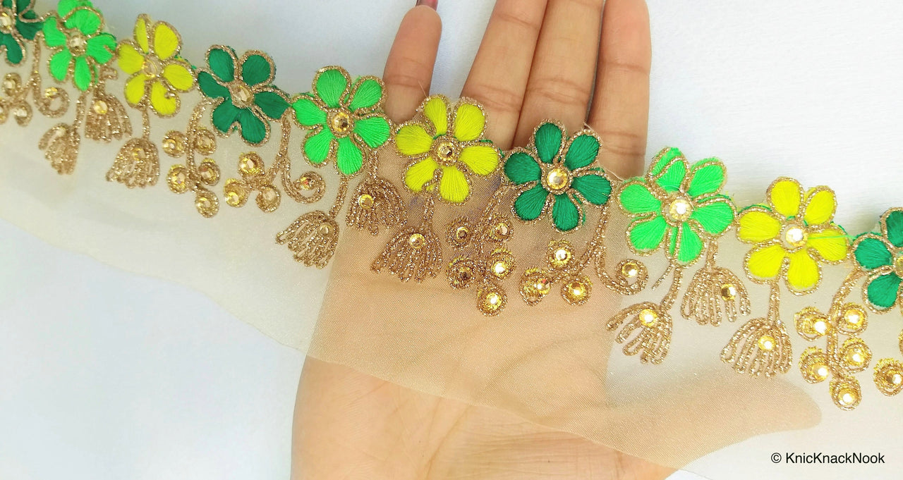 Gold Sheer Tissue Fabric Trim With Embroidered Green & Gold Flowers, Embellished With Beads, Approx. 65 mm Wide - 210119L105