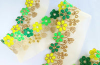 Thumbnail for Gold Sheer Tissue Fabric Trim With Embroidered Green & Gold Flowers, Embellished With Beads, Approx. 65 mm Wide - 210119L105