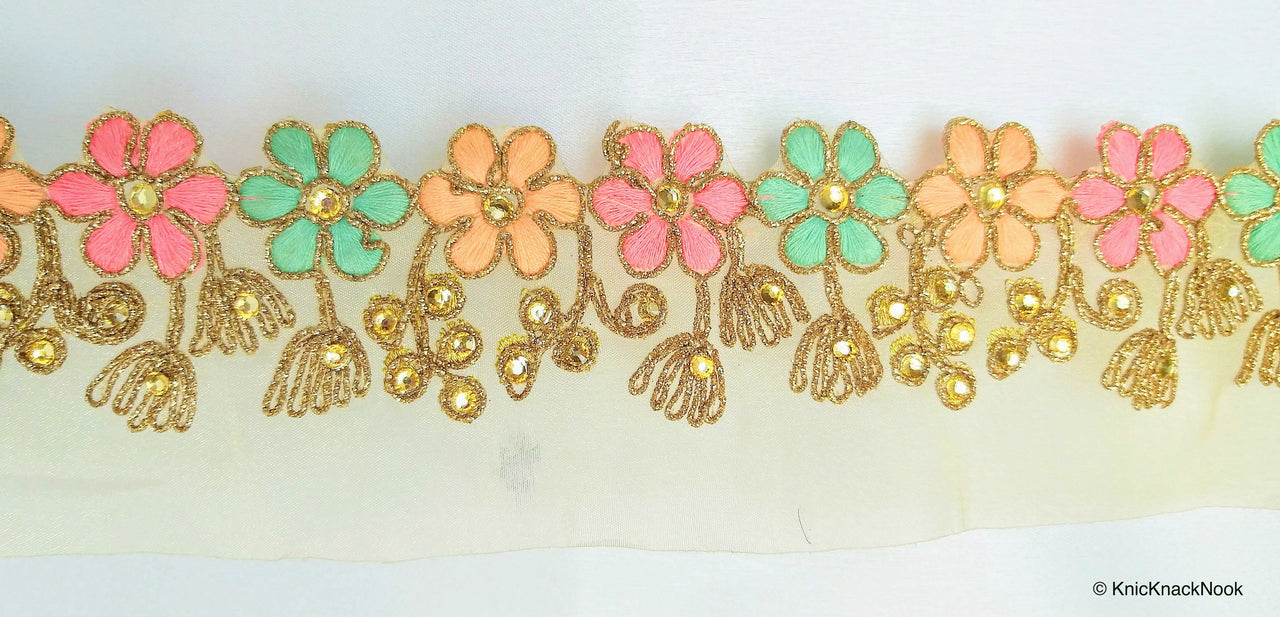 Gold Sheer Tissue Fabric Trim With Embroidered Pastel Pink, Green & Gold Flowers, Embellished With Beads