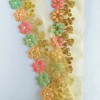 Thumbnail for Gold Sheer Tissue Fabric Trim With Embroidered Pastel Pink, Green & Gold Flowers, Embellished With Beads