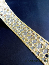 Thumbnail for Gold Sheer Fabric Lace Trim With Gold Embroidery And Mirror Embellishments, Wedding Trims, Indian - 210119L16
