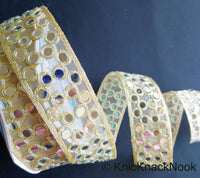 Thumbnail for Gold Sheer Fabric Lace Trim With Gold Embroidery And Mirror Embellishments, Wedding Trims, Indian - 210119L16