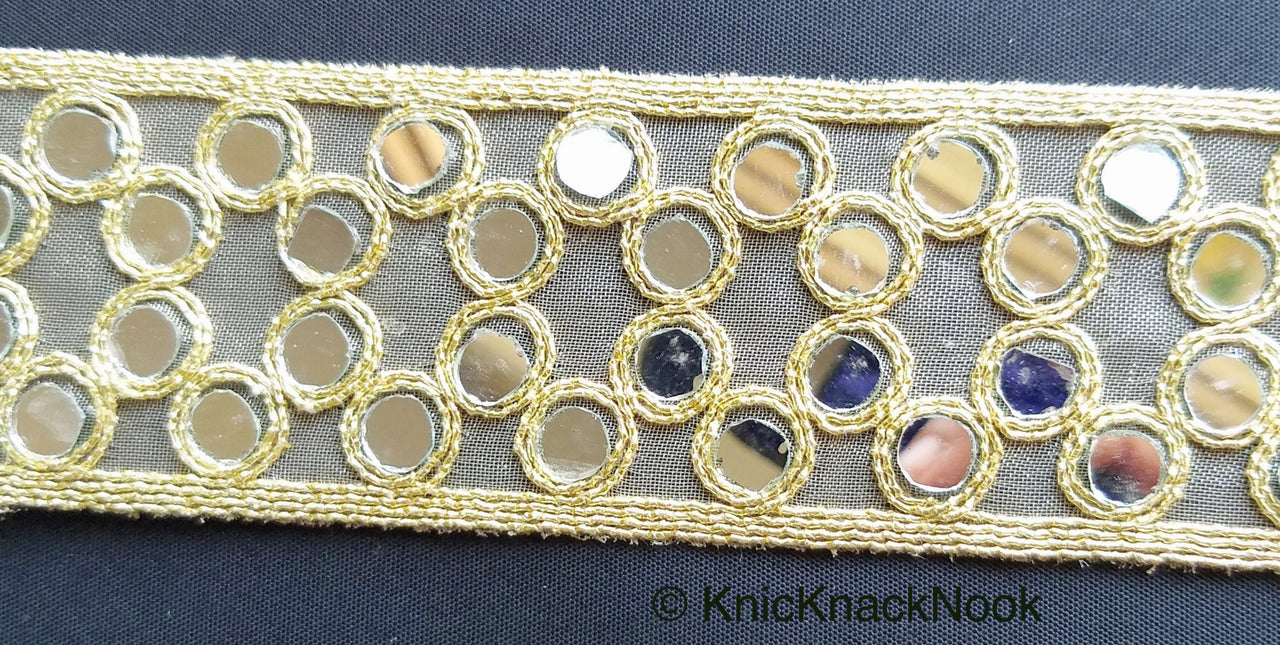 Gold Sheer Fabric Lace Trim With Gold Embroidery And Mirror Embellishments, Wedding Trims, Indian - 210119L16