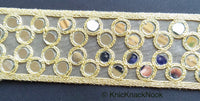 Thumbnail for Gold Sheer Fabric Lace Trim With Gold Embroidery And Mirror Embellishments, Wedding Trims, Indian - 210119L16