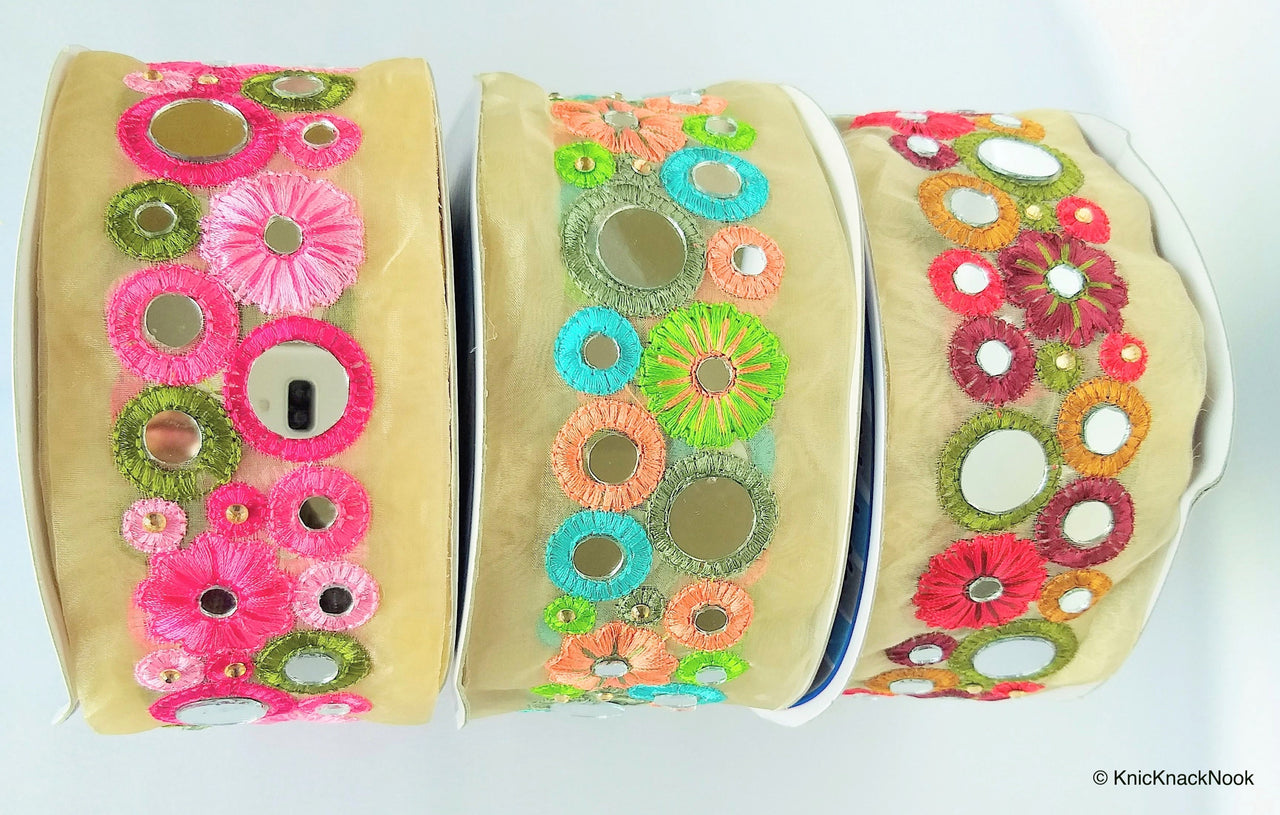 Gold Sheer Tissue Fabric Trim With Red / Pink / Coral And Green Circles and Floral Embroidery With Mirror Embellishments, Approx. 65mm