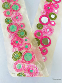 Thumbnail for Gold Sheer Tissue Fabric Trim With Red / Pink / Coral And Green Circles and Floral Embroidery With Mirror Embellishments, Approx. 65mm