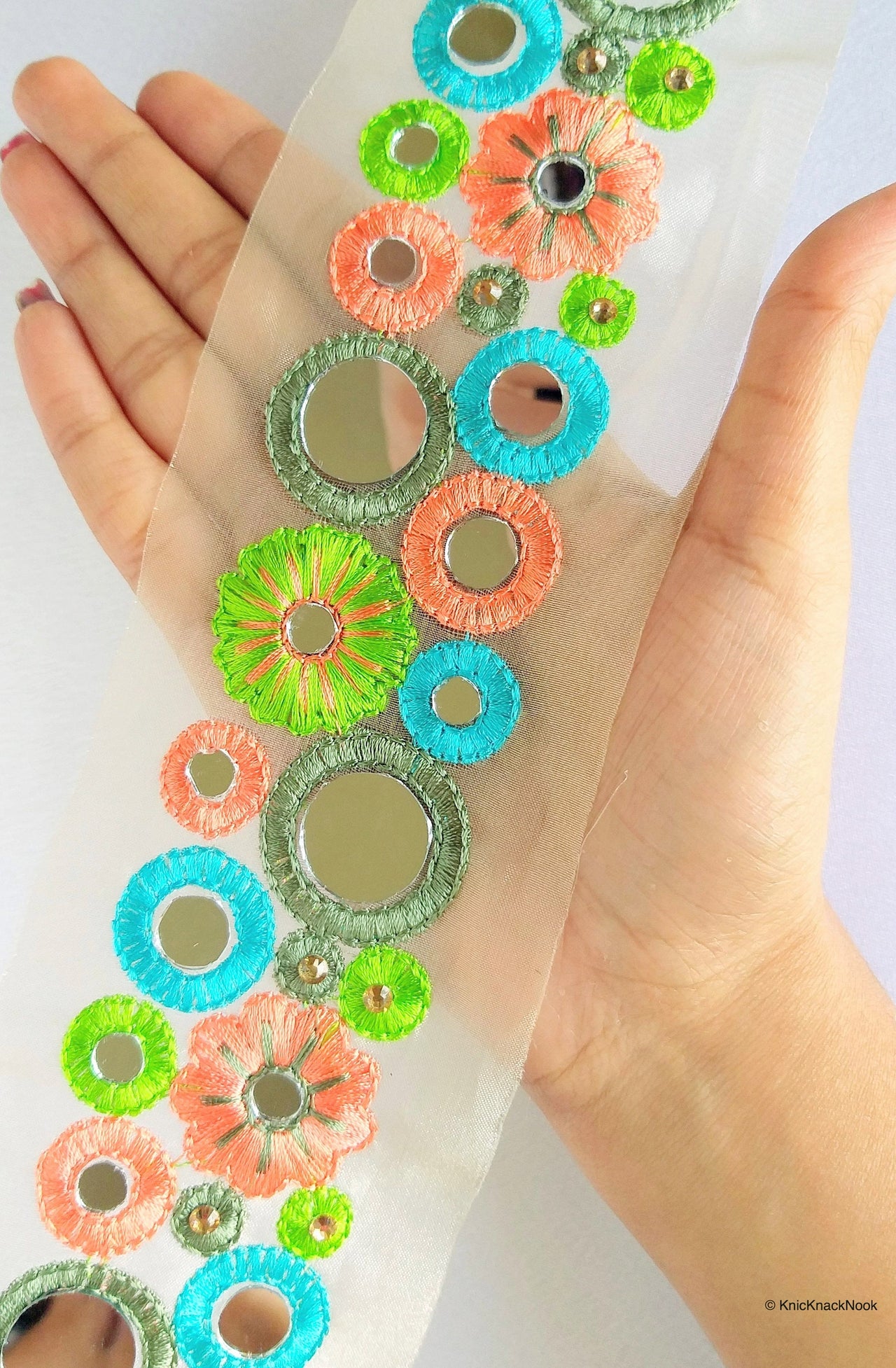 Gold Sheer Tissue Fabric Trim With Red / Pink / Coral And Green Circles and Floral Embroidery With Mirror Embellishments, Approx. 65mm