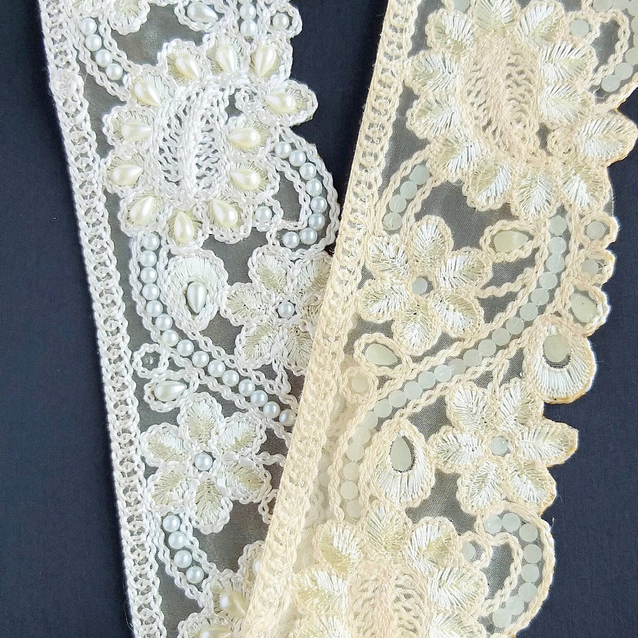 Gold Sheer Fabric Trim With Beige Floral Embroidery And Off White Pearl, Scallops Wedding Trim, Bridal Trim