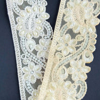Thumbnail for Gold Sheer Fabric Trim With Beige Floral Embroidery And Off White Pearl, Scallops Wedding Trim, Bridal Trim