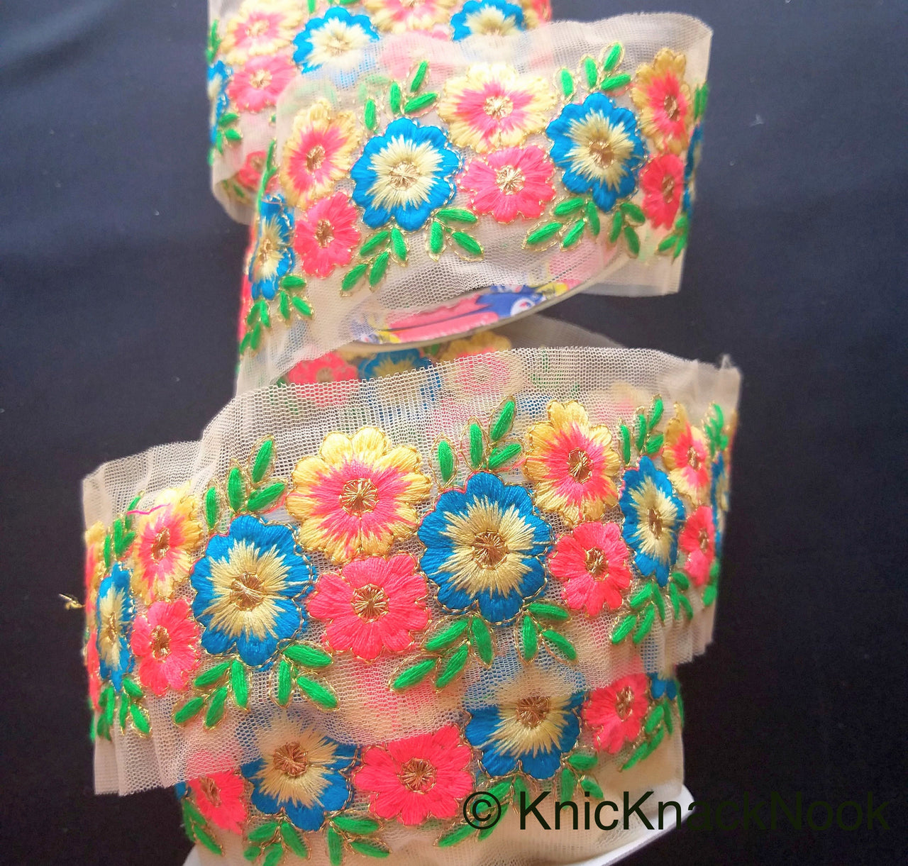 Beige Net Lace Trim In Blue, Coral, Green