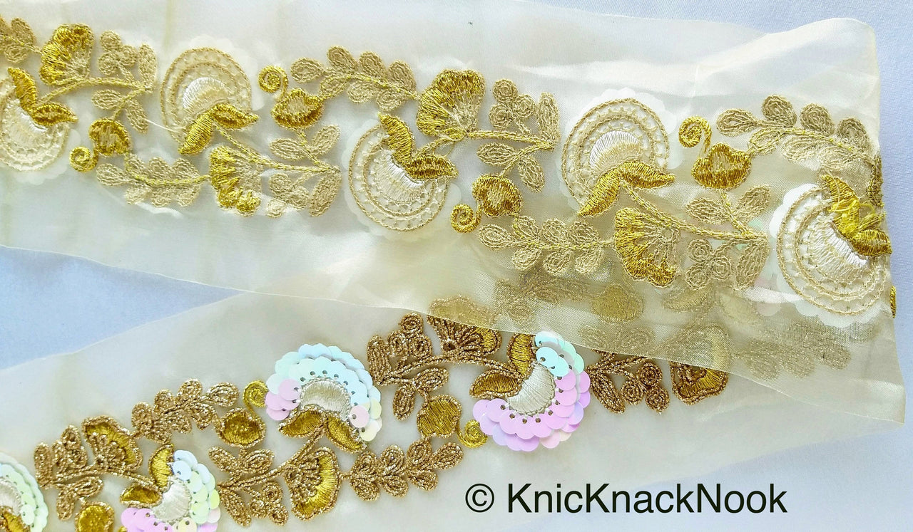 Gold Sheer Fabric Trim With Antique Gold Floral Embroidery And Pink White Two Tone Sequins Embellishments, Approx. 85mm Wide - 210119L122