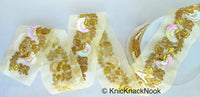 Thumbnail for Gold Sheer Fabric Trim With Antique Gold Floral Embroidery And Pink White Two Tone Sequins Embellishments, Approx. 85mm Wide - 210119L122