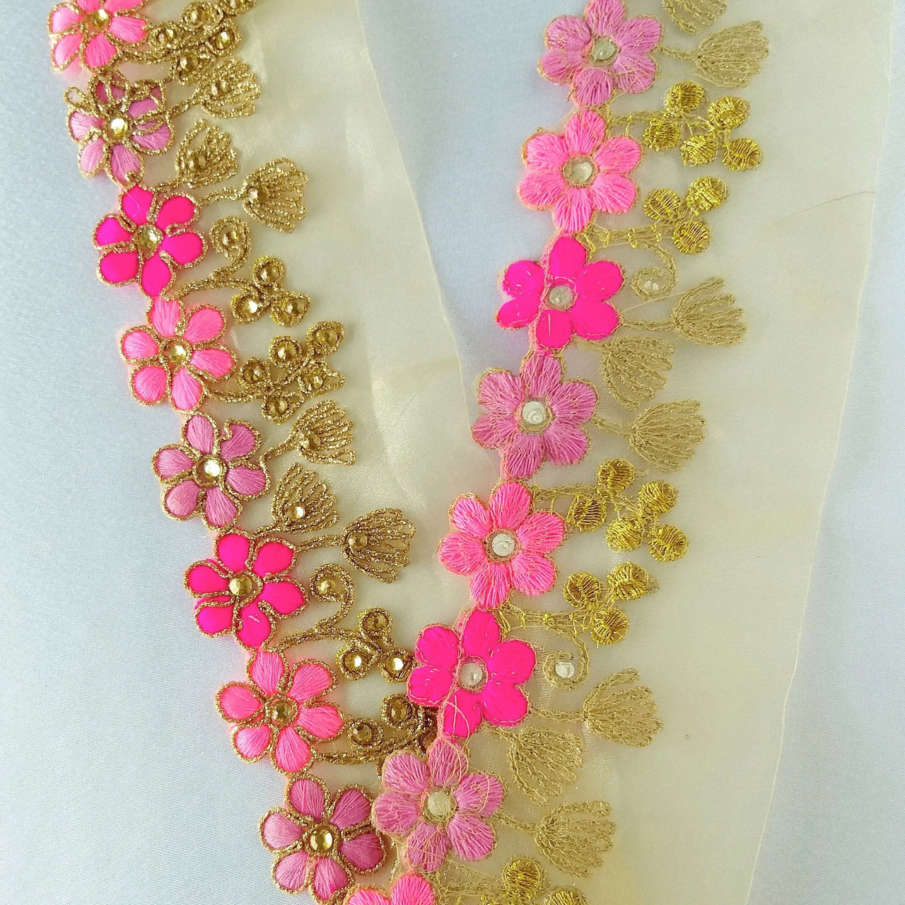 Gold Sheer Tissue Fabric Trim With Embroidered Pink & Gold Flowers, Embellished With Beads, Approx. 65 mm Wide - 210119L102