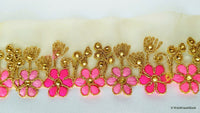 Thumbnail for Gold Sheer Tissue Fabric Trim With Embroidered Pink & Gold Flowers, Embellished With Beads, Approx. 65 mm Wide - 210119L102