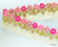 Thumbnail for Gold Sheer Tissue Fabric Trim With Embroidered Pink & Gold Flowers, Embellished With Beads, Approx. 65 mm Wide - 210119L102