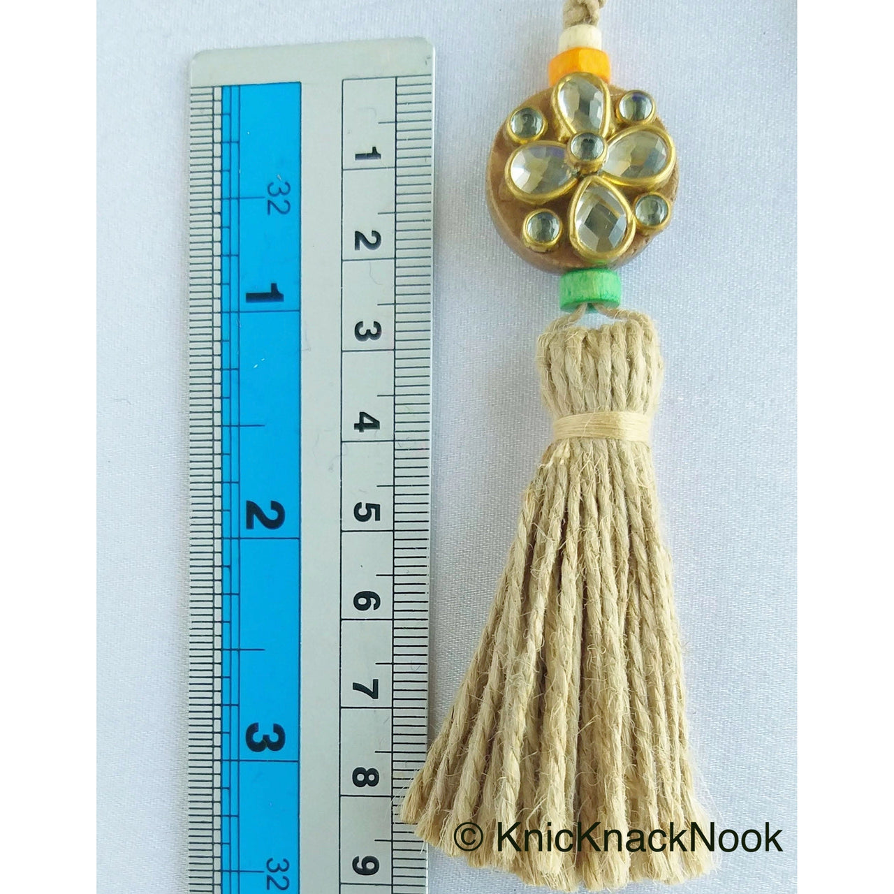 Twine Brown Tassels With Kundan Stone, Embellished Wooden Button, Tassel Charms