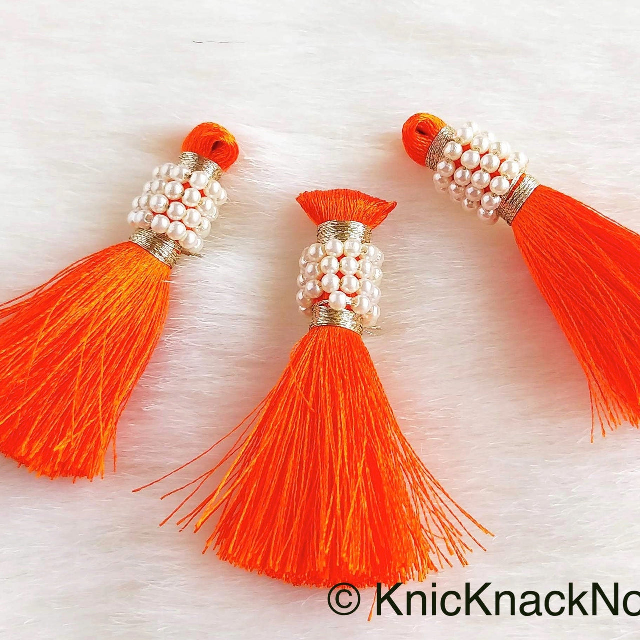 Various Colours Tassels With White Pearls Beads, Tassel Charms, Nylon Tassels x 6