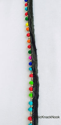 Thumbnail for Multicoloured Velvet Beads With Black Cotton Trim, Fringe Trim, Approx. 16 mm wide - 210119L367