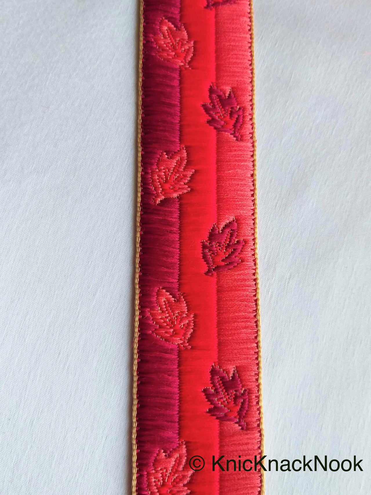 Red Embroidered Trim With Three Tones of Red Threads, Leaf Embroidery Trim, Approx. 34mm wide - 210119L43