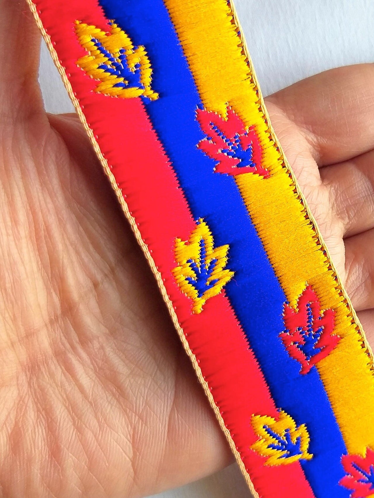 Red, Blue And Yellow Embroidered Trim, Leaf Embroidery Trim