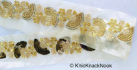 Thumbnail for Gold Sheer Fabric Trim With Antique Gold Floral Embroidery And Metallic Sequins Embellishments, Approx. 95mm Wide - 210119L123