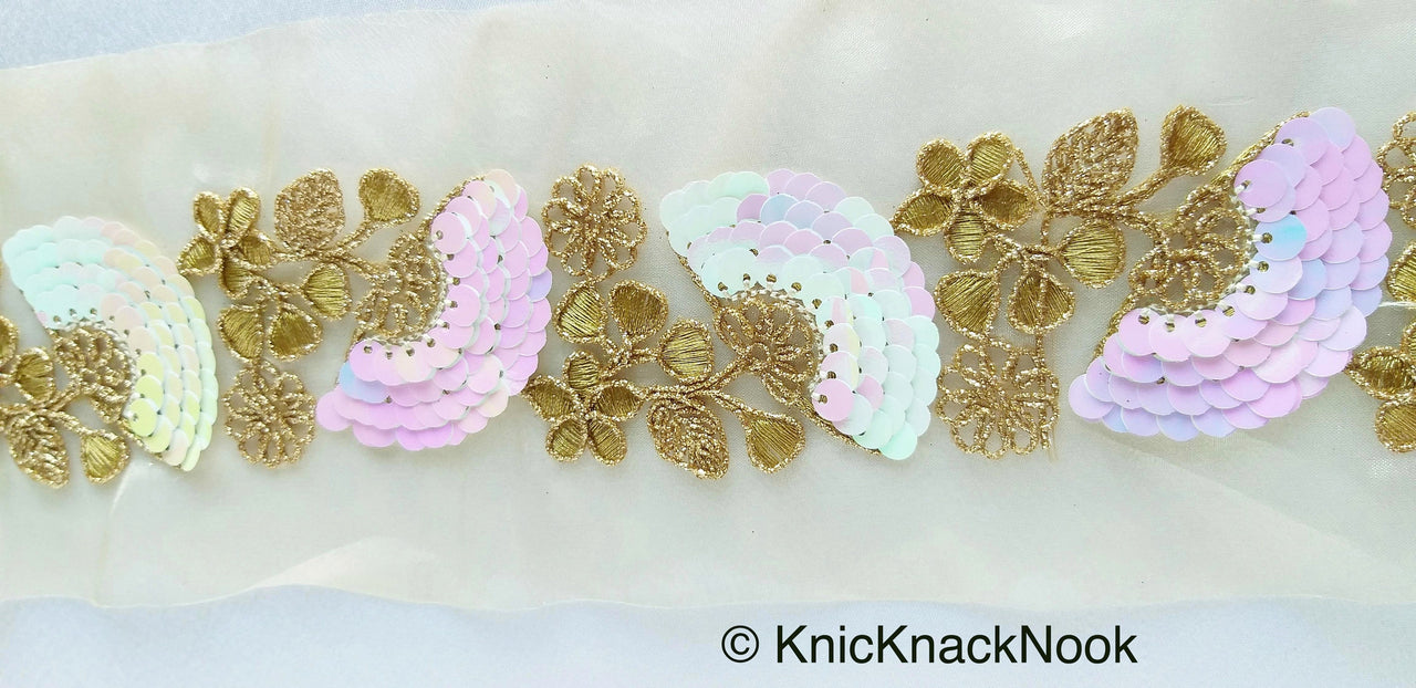 Wholesale Gold Sheer Fabric Trim With Antique Gold Floral Embroidery And Pink White Two Tone Sequins Embellishments, Sequin Border