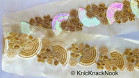 Thumbnail for Wholesale Gold Sheer Fabric Trim With Antique Gold Floral Embroidery And Pink White Two Tone Sequins Embellishments, Sequin Border