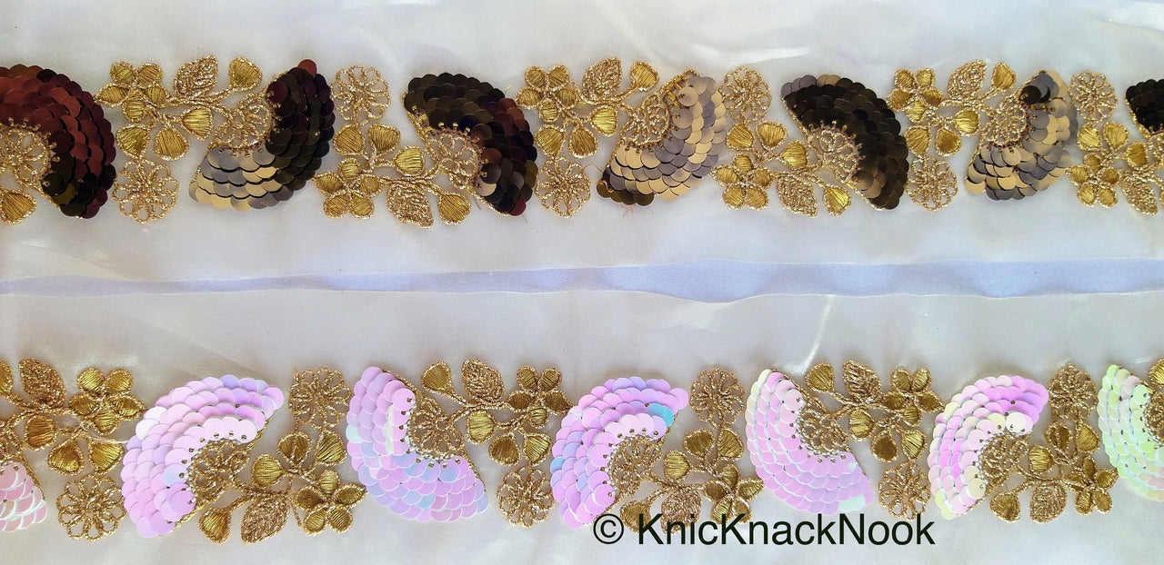 Wholesale Gold Sheer Fabric Trim With Antique Gold Floral Embroidery And Pink White Two Tone Sequins Embellishments, Sequin Border