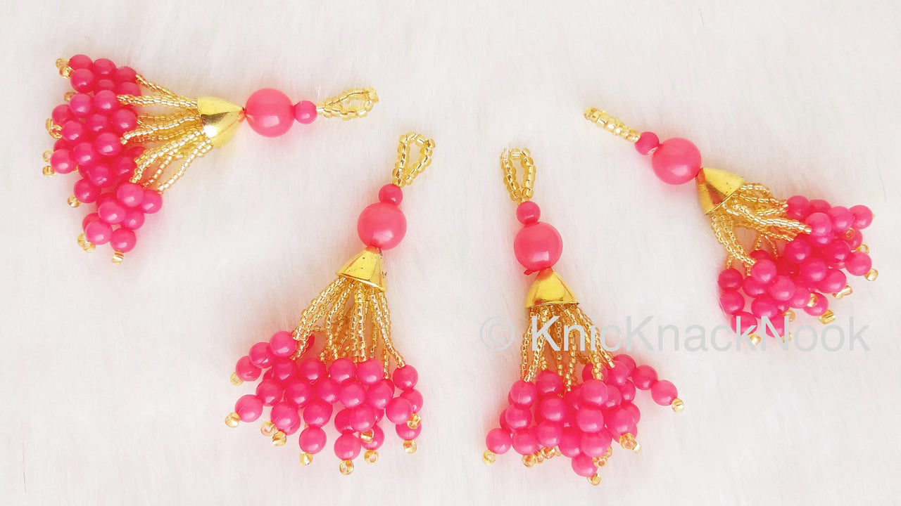 Pink and Gold Beads Tassels Latkan, Indian Latkans, Gold Beaded Danglers