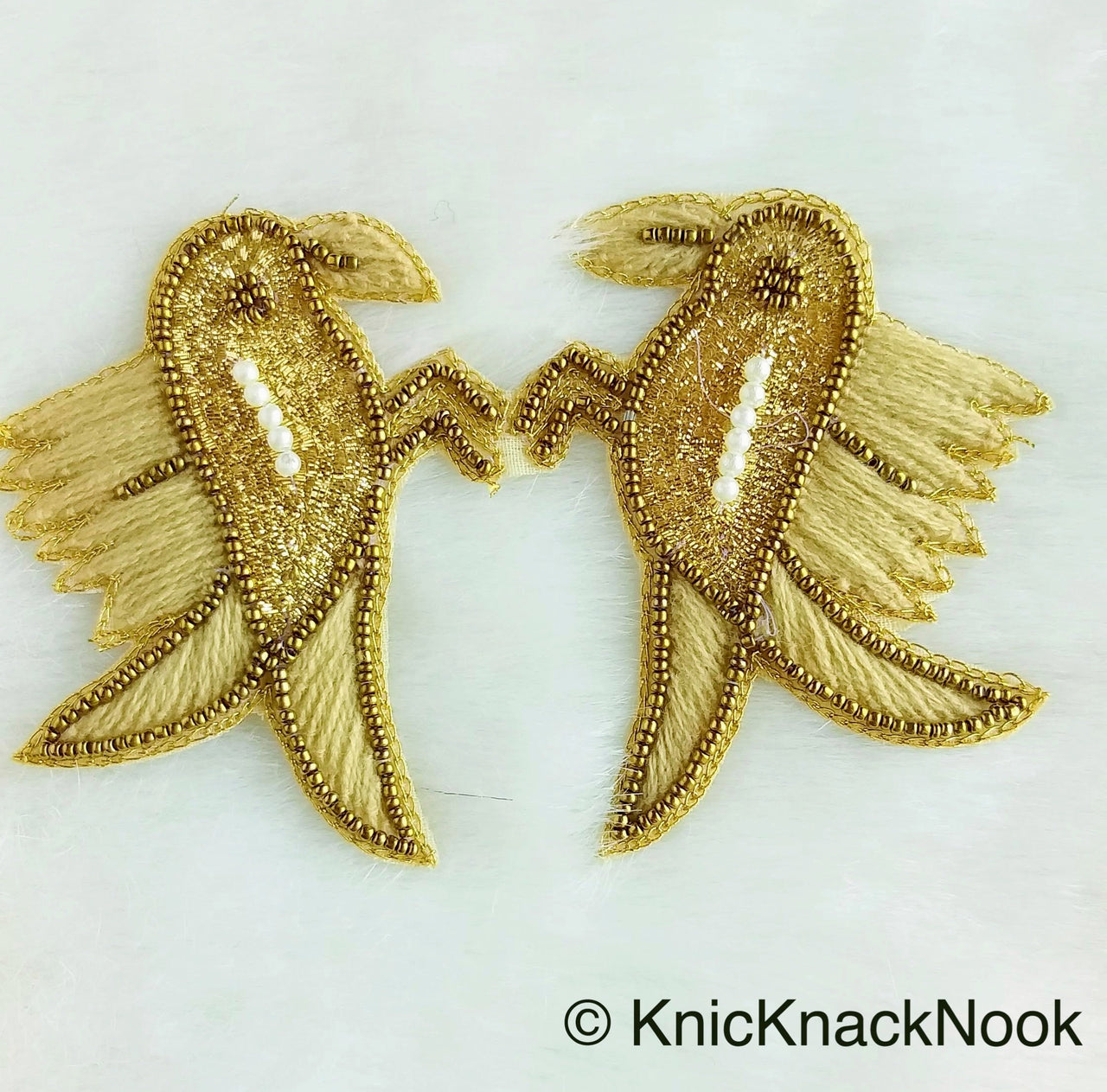 Embroidered Birds Pair Applique With Beige / Red / Blue And Antique Gold Embroidery, Gold And Pearl Beads