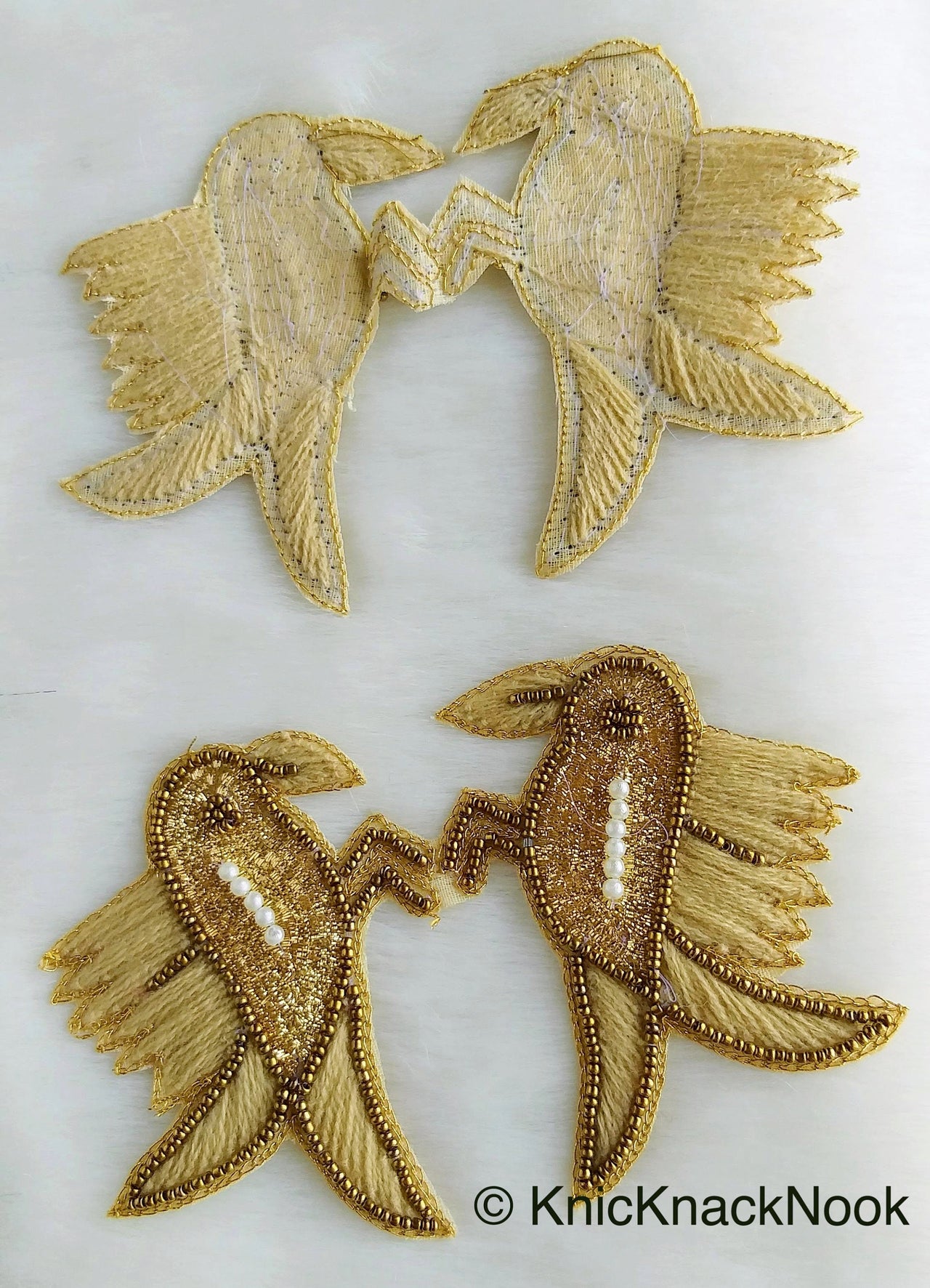 Embroidered Birds Pair Applique With Beige / Red / Blue And Antique Gold Embroidery, Gold And Pearl Beads