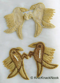 Thumbnail for Embroidered Birds Pair Applique With Beige / Red / Blue And Antique Gold Embroidery, Gold And Pearl Beads