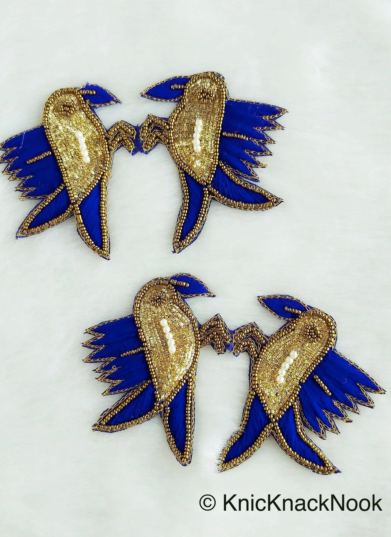 Embroidered Birds Pair Applique With Beige / Red / Blue And Antique Gold Embroidery, Gold And Pearl Beads