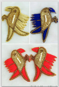 Thumbnail for Embroidered Birds Pair Applique With Beige / Red / Blue And Antique Gold Embroidery, Gold And Pearl Beads