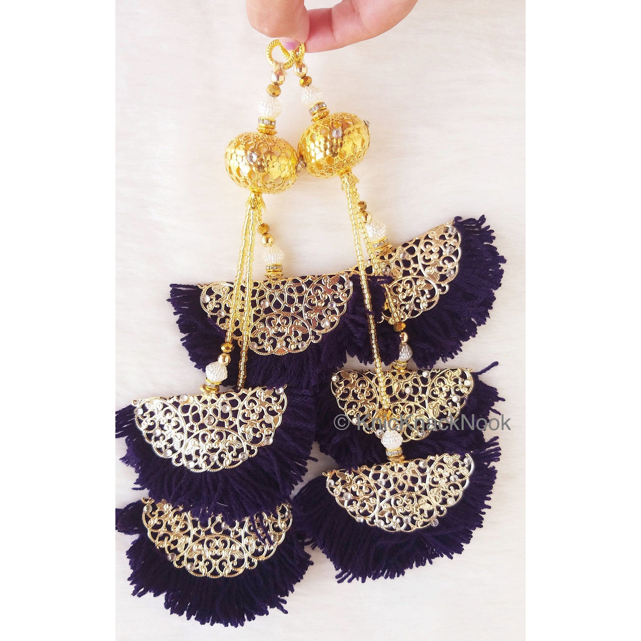 Blue / Pink Fan Tassels With Silver and Gold Filigree Embellishments, Wool Tassels, Embellishments